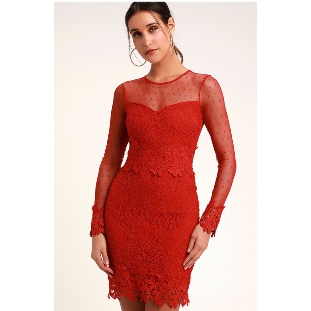 Lulus Lacey Lane Red Lace Long Sleeve Dress